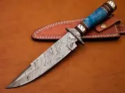 custom handmade damascus steel 13"bowie knife bone handle with damascus clip
