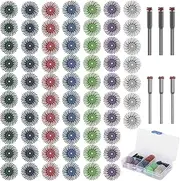 76Pcs 1 Inch Mini Radial Bristle Disc Mix Kit with 2.35mm/3mm Mandrels for Rotary Tools Accessories Cleaning Deburring Sanding, Grit 80/120/220/400/600/1000/2500 Abrasive Buffing Wheel Polishing Bits