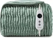 Dreamaker Eyelash Long Ribbed Fleece Electric Heated Throw Blanket 160x130cm Warm Reversible Rug Energy Efficient Overheat Protection 9 Heat Settings Extra Long Cord Controller- Faded Green & Sage