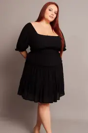 Black Mini Dress With Elastic Waist And Frill Skirt