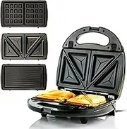 3-in-1 Electric Sandwich Maker with Interchangeable Plates, Waffle, Grill and Sandwich Press, Black