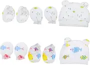 [FRCOLOR] 2Sets Protection Scratch Gloves and Adorable Cotton Hats for Newborns Tree Fish Design Keeps Hands Warm and Prevents Scratches