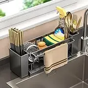SHUTKMVCW Sponge holder for kitchen sink,Kitchen sink organizer,Sink caddy,High-strength ABS material Dish Sponge Organizer with Water tray,Dish soap holder Storage(Black)