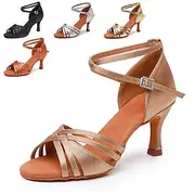 Women's Bronze Satin Latin Dance Shoes – Strappy Ballroom Sandals with Suede Sole Adjustable Ankle Strap for Salsa Performance