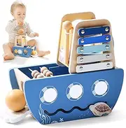Uandhome Wooden Activity Cube Wooden Toys for Babies Montessori Ball Drop Toys Developmental Toys for Infant Toys,Toddler Educational Learning Toy Gifts,5-in-1 Wooden Play Kit