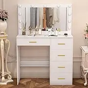 Umeiga Vanity Desk with Mirror and Lights, Teen Girls Makeup Vanity Table with Lighted Mirror Build-in LED Bulbs, Dressing Table with 5 Storage Drawers for Women, White