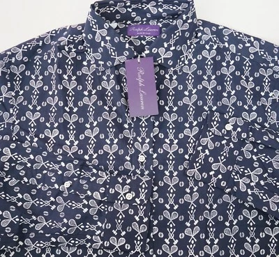 $495 RALPH LAUREN PURPLE LABEL TENNIS RACQUET Print 100% Cotton Dress Shirt 17
