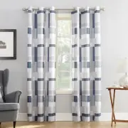 Navy Geometric Block Printed Grommet Curtain Panel 40W x 95L Machine Washable