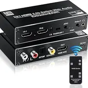 HDMI Switch Audio Extractor, HDMI Switch Splitter, 2 inputs, 1 Output with Remote 4K@60hz, 2-Port HDMI2.0b Switch Box with Optical Toslink SPDIF+coaxial+Analog RCA Stereo Audio Output