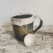 Studio Art Pottery Hand Thrown Mug Cup Brown Glazed with Tablespoon Scoop