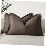 Set of 2 Decorative Linen Fringe Lumbar 20" x 12" (Pack of 2) Reddish Brown
