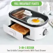 3-In-1 Breakfast Maker Dual Griddles - Eggs Sausage Bacon with 2 Slice Toaster