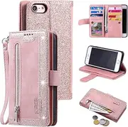 UEEBAI Wallet Case for iPhone SE 2022 5G/iPhone 7/iPhone 8/iPhone SE 2020, Retro 9 Card Slots Zipper Pocket Handbag Case PU Leather Magnetic Cover Wrist Strap Flip Case for iPhone SE3/SE2-Rose Gold