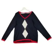TOMMYH HILFIGER Pullover Sweater Womens SZ 1X Argyle V-Neck Preppy Academia NEW