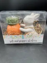 Salt and Pepper Shakers White Bunny Rabbit Reaching for Carrot 3.5” Easter -Cute