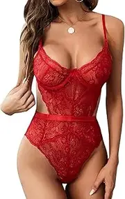 [Generic] Women Sexy Lingerie Bodysuit Lace Snap Crotch V Neck Cut Out One Piece Babydoll Underwire