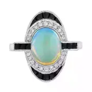 Art Deco Style Lab-Created Diamond Opal Onyx Ring For Her 14K White Gold Finish