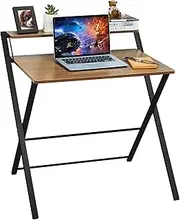 DUSLANG Folding Desk No Assembly Required Small Size, 2-Tier Foldable Computer Desk with Shelf for Home Office, Space Saving Portable Laptop Study Foldable Table for Small Spaces (Walnut, 70 x 56 cm)