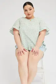 Green Check Smock Top Short Sleeve