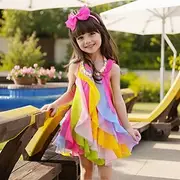Kids Girls' Dress Rainbow Swing Dress Party Holiday Beach Ruffle Mesh Fuchsia Cotton Asymmetrical Sleeveless Cute Boho Beautiful Dresses Spring Summer Regular