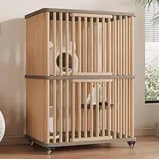 Cat Enclosures, Wooden Cat Playpen, Large Cat Cage, 2 Doors, with Wheels, Sisal Springboard, Pet Playpen, Easy to Assemble, for 1-2 Cat(Wood color+gray,SMALL_2 LAYERS)