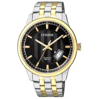 在飛比找momo購物網優惠-【CITIZEN星辰】黑面不鏽鋼雙色錶帶石英男仕手錶(BI1