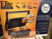 Elite Cuisine 3in1 Panini Press&Grill Cool Touch Handle and Stainlesssteel Cover