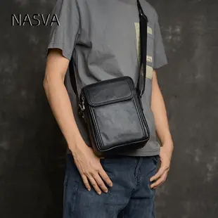 NASVA新款男士斜背包真皮斜背包頭層牛皮休閒商務豎款青年牛皮包小背包