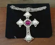 Vintage Sarah Coventry Cross Neclace Lucite Pearl Purple Jewelry Crusader