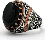 [BOSUGE] Exquisite Ring，Turkish Black Men's Ring with Natural Agate 925 Sterling Silver Vintage Classic Aqeeq Rings Antique Punk Jewelry Male Women Gift Rings (Gem Color : Black Stone, Ring Size : 10) (Color