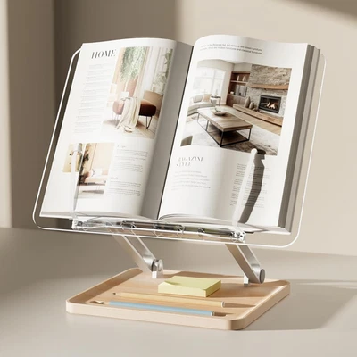 Book Stand for Reading, Acrylic Cookbook Desk Stand with Pen Slot, Adjustable &