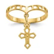 14K Yellow Gold Polished Cross Dangle Charm Ring