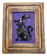 VINTAGE to MODERN JEWELRY COLLAGE￼ ART FRAMED Halloween Black Cat Witch Hat OOAK