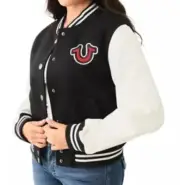 $239 True Religion Women's True Varsity Bomber Jacket Black & Winter White NWT