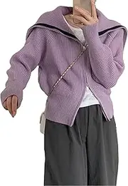 [Generic] Cardigan Zip Up Sweater For Women Lightweight Long Sleeve Open Front Outwear Winter Chunky Knit Button Down Jacket, Purple, Medium