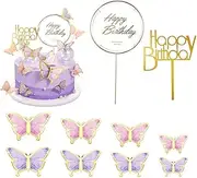 22 Pieces Cake Decorating Butterfly Toppers, Cake Topper with Happy Birthday and 3D Butterfly Cake Toppers,Suitable for Wedding Cake Topper,(Purple, Pink)