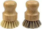 AUEAR, Natural Bamboo Dish Scrub Brush Cleaning Pot Scrubber Brushes Coconut Bristles for Cast Iron Skillet Pots Pans (2-Pack, (1) Deep Color and (1) Light Color)
