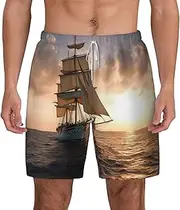 [JHLMN] Men's Swim Trunks Quick Dry Board Shorts Drawstring Beach Short White Sailing Ship at Sunset Bathing Suit for Men