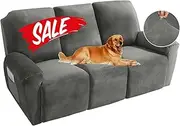MAXIJIN 8 Pieces Recliner Sofa Covers, Stretch Velvet Reclining Couch Covers for 3 Cushion Furniture Covers, Thick Soft Washable Reclining Sofa Slipcovers (Sofa Recliner, Dark Grey)
