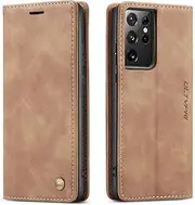 [QLTYPRI] Samsung Galaxy S20 Ultra case Vintage PU Leather Wallet Case TPU Bumper [Card Slots] [Hands-Free Kickstand] [Magnetic Closure] Shockproof Flip Folio Case for Galaxy S20 Ultra 6.9 inch - Brown