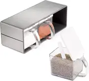 3 Grids Seasoning Organizer Box, Stainless Steel Salt Container with Lid and Spo