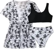 [COOLOYA] Girl's 3 Piece Bikini Set Tropical Leaf Print Swimwear Bathing Suit Swimsuit with Kimono Cover Up