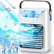 Portable Air Conditioner, 4 in 1 Evaporative Air Cooler with 650ml Water Tank, Portable Air Cooler with 3 Speeds & 7 LED Lights, Personal Desktop Cooling Fan for Car Home Camping Room