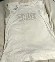True Religion Gold Sparkle Crew Neck Sleeveless Tee Tank Top White Art NWT L $70