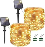 TheaPro 2 Pack 20M/65FT 200 LEDs Solar Fairy String Lights Outdoor,Total 40M/131FT Fairy Christmas Light 8 Solar Lighting Modes IP65 Waterproof for Home Garden Patio Wedding Party Xmas(Warm White)