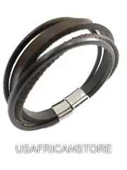 Multilayered Men Leather Bracelets, Stainless-steel Magnetic Clasp Cuff
