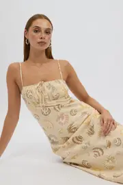 Beige Abstract Midi Dress Strappy - Size 16XL, Women's Midi Dress