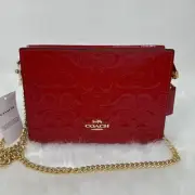 COACH Patent Leather Slim Crossbody CV407 Gold Chain Strap In Gold/Red NWT