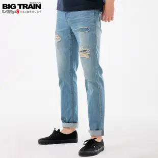 BIG TRAIN 純棉破壞補丁小直筒褲-中藍BM7269