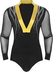 [Jugaoge] Mens Sparkly Rhinestone Deep V-neck Tango Latin Ballroom Dance Bodysuit Gymnastics Dancewear